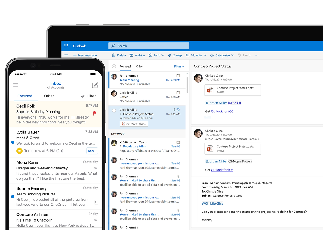 Microsoft Outlook running on a tablet and a phone, showing a shared inbox with a focused view and a reading pane