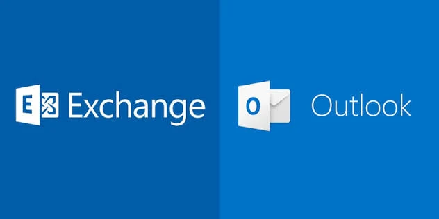 The Microsoft Exchange and Microsoft Outlook logos side by side on a blue background