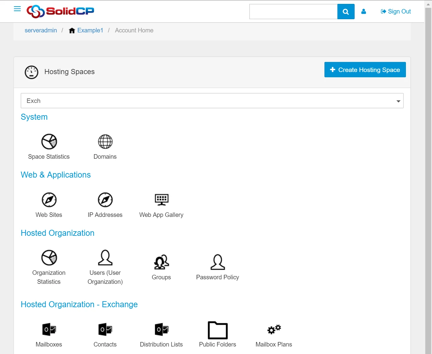 The SolidCP control panel showing the hosted organisation menu with mailboxes, contacts, distribution lists, public folders, mailbox plans, retention policies and storage usage